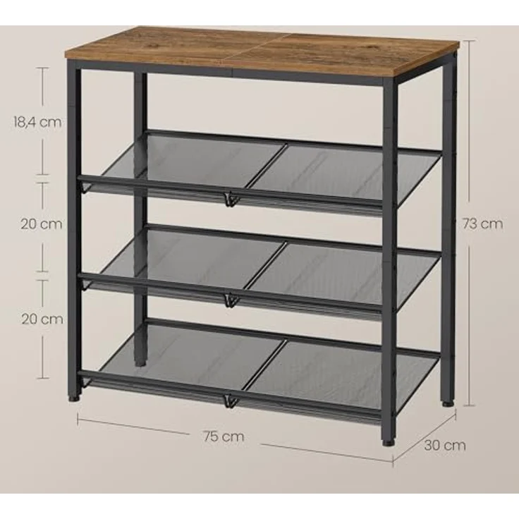 VASAGLE Schuhregal, Schuhablage, 4 Ebenen, große Oberfläche, verstellbare Gitterablagen, platzsparend für Eingangsbereich Flur, Metall, Industrie-Stil, honigbraun-tintenschwarz LBS040K01 – Bild 4