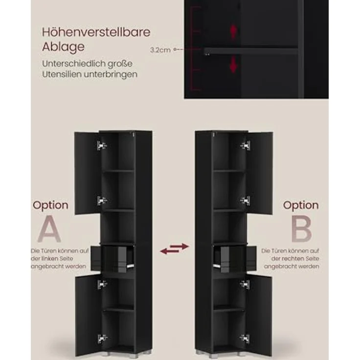 VASAGLE Badezimmerschrank, Badschrank, Badezimmermöbel mit Einer Schublade, verstellbare Ablagen, offenes Fach, 30 x 30 x 170 cm, tintenschwarz BBC560B01 – Bild 6