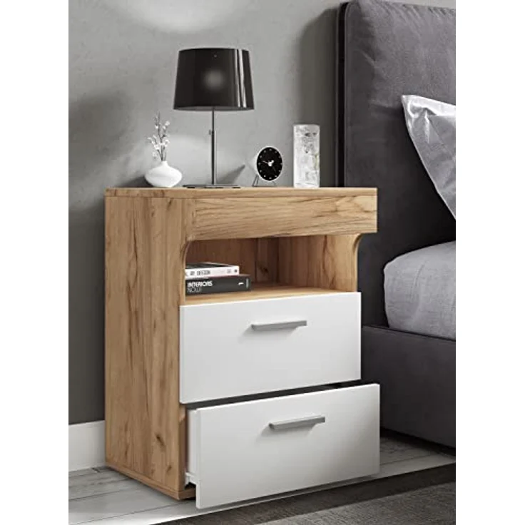 MID.YOU Nachtschrank, Weiß, Honigeiche, Kunststoff, 2 Schubladen, 45x61x39 cm – Bild 2