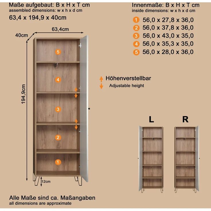 trendteam smart living - Touch - Garderobenschrank - Eiche/Weiß - Kleiderschrank mit ausziehbarer Kleiderstange - Soft-Close - Elegante Metallfüße - (BxHxT) 63 x 194 x 40 cm - Moderne Rautenfräsung – Bild 9