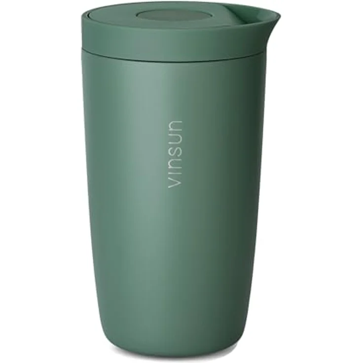 Vinsun Thermobecher Edelstahl Isolierbecher 350ml - Kaffeebecher to Go auslaufsicher, 2-tlg, Edelstahl, Doppelwandig, BPA frei, bruchfest, Einhandbedienung per Knopfdruck – Bild 2