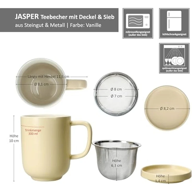 Ritzenhoff & Breker Becher Ritzenhoff 2x Jasper Vanille Teebecher mit Teesieb & Deckel 300ml, Steingut – Bild 6