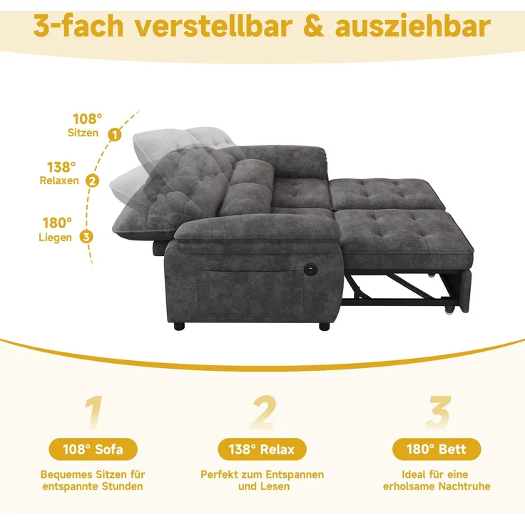 Merax 3-in-1 Doppelschlafsofa, faltbares Sofa mit verstellbarer Rückenlehne und Bettfunktion, umwandelbare Schlafcouch mit USB‑Ladeanschluss, Chenille‑Stoff, Grau – Bild 5