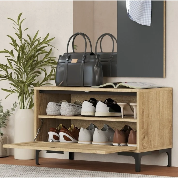 DESVIAE Garderobenschrank-Set mit Spiegel und Schuhbank, 60x127,5x13,5 cm, MDF, Naturholz/Grau – Bild 6