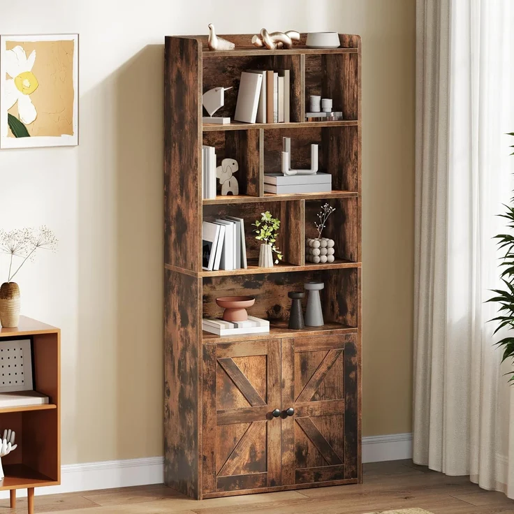 YITAHOME 4-stöckiges Bücherregal mit Türen und Schrank, freistehendes Bücherregal mit offenen Fächern für Zuhause, Büro, Wohnzimmer und Schlafzimmer, rustikales Braun, 60 x 30 x 159 cm – Bild 1