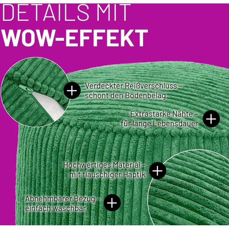 Lumaland Pouf Sitzsack-Hocker Pouf rund Cord 50l dunkelgrün, supersofte Füllung EPS-Perlen – Bild 4