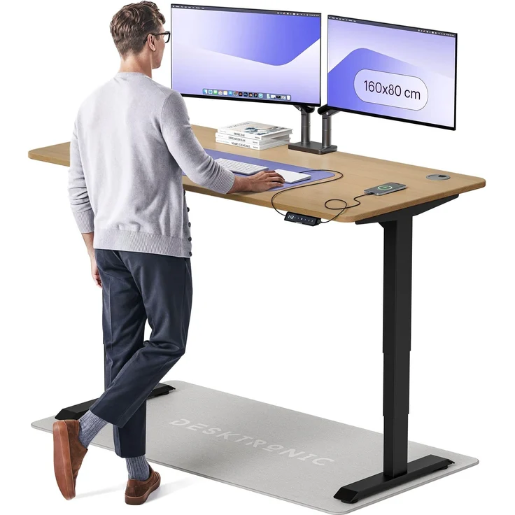 Desktronic Höhenverstellbarer Schreibtisch aus massivem Eichenholz (160x80 cm) – Elektrisch höhenverstellbar mit flüsterleisem Dual-Motor & Touchscreen – Hohe Tragfähigkeit – Stehtisch HomePro – Bild 1