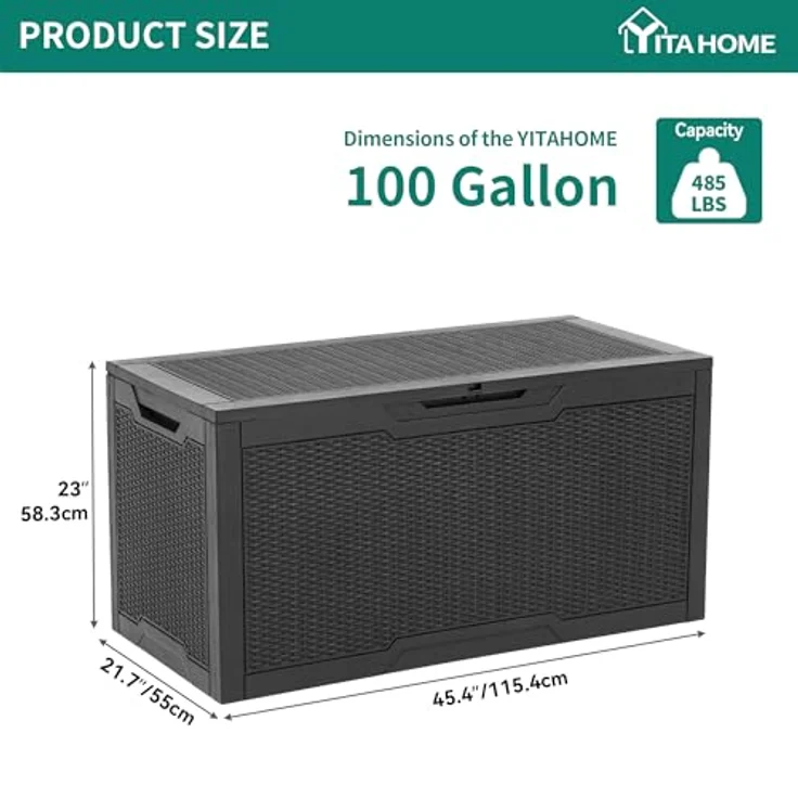 YITAHOME 100-Gallonen-Harz-Deckbox, wetterfest Außenspeicherbox, verschließbarer Innen- und Außenspeicher für Zubehör und Grundbedarf, schwarz – Bild 7