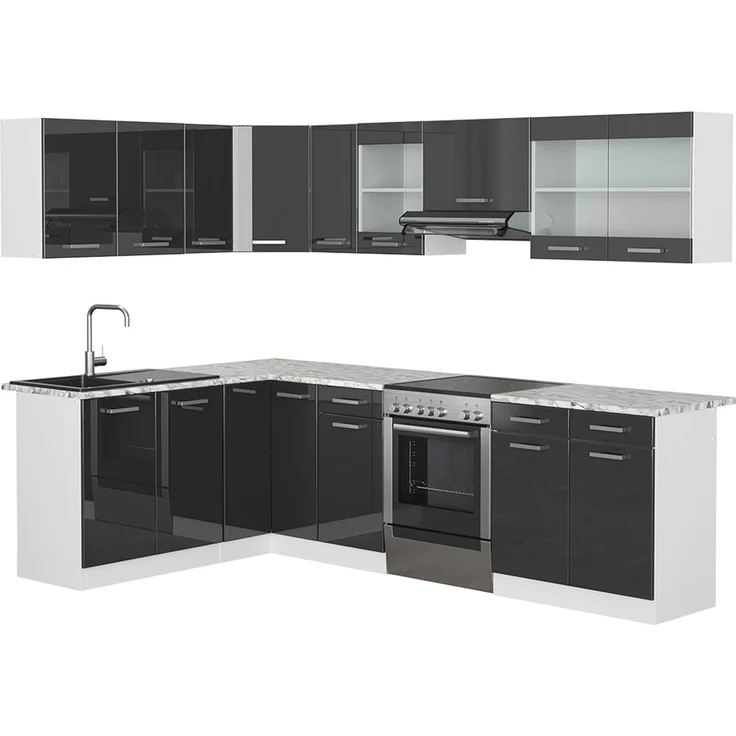 Eckküche R-Line Anthrazit Hochglanz/Weiß 267 x 167 cm, AP Marmor Vicco – Bild 1