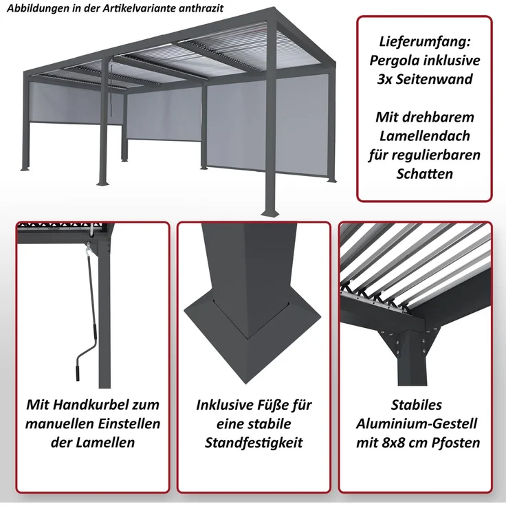 Mendler 'HWC-L41' Pergola mit 3 Seitenwände, Metall anthrazit, 3x6 m – Bild 2