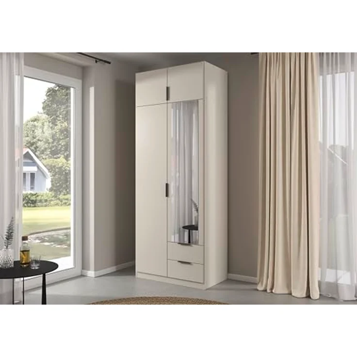 Rauch Möbel Lagoa, Kleiderschrank, Garderobe für Schlafzimmer, Kinderzimmer, Jugendzimmer 4-türig, mit Spiegel, 2 Schubladen, Farbe Beige, Breite 91 cm – Bild 3