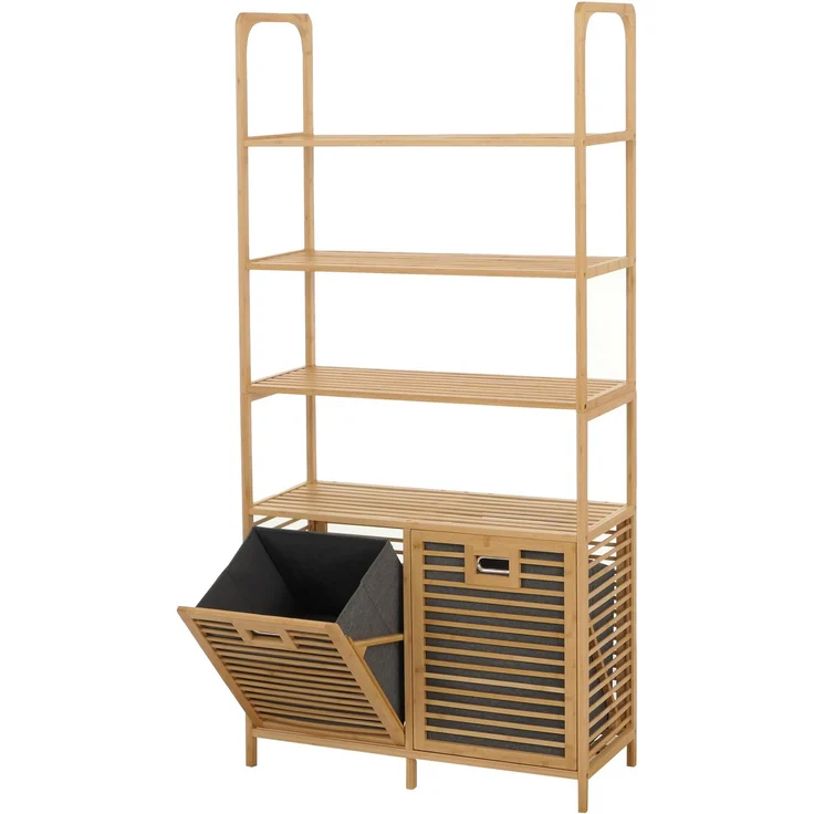 Bambus-Badezimmerschrank HWC-N83, Regal Badschrank, 2 Wäschekörbe 4 Regalböden MVG 168x81x33cm ~ natur, Korb grau – Bild 9