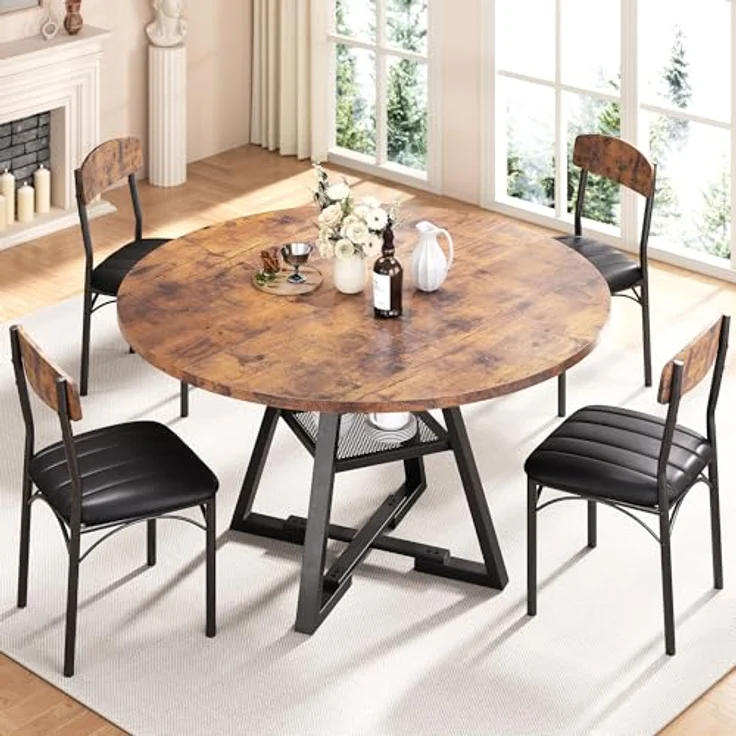 Jocoevol Runder Esstisch und 4 Esszimmerstühle Set, Essgruppe 5-Teilig, Esszimmertisch mit Ablage und 4 stühle, platzsparender Küchentisch aus Holz im Industrial Design (Vintage Braun, 120 x 120 x 76 cm) – Bild 1