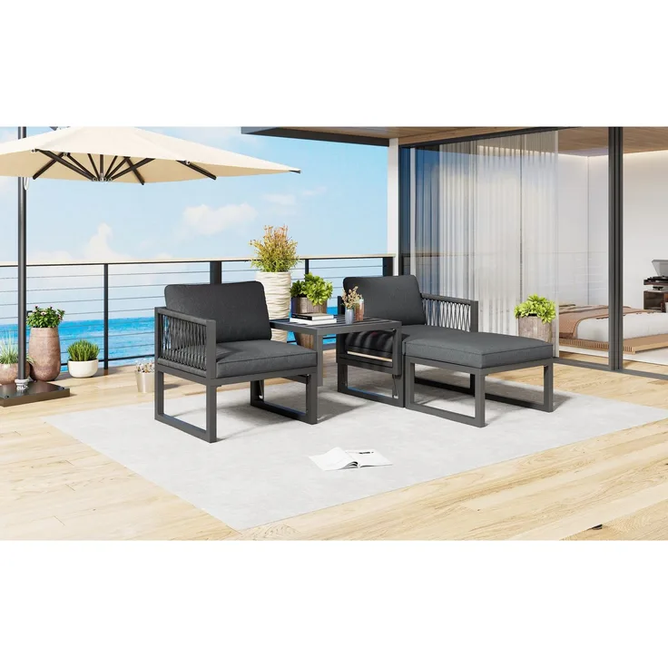 Merax Gartenlounge Set 4-tlg, Balkonmöbel Terassenmöbel Sets für 2-4 Personen, Rattan Gartenstuhl mit Gartenhocker, Loungeset aus Aluminium, Grau