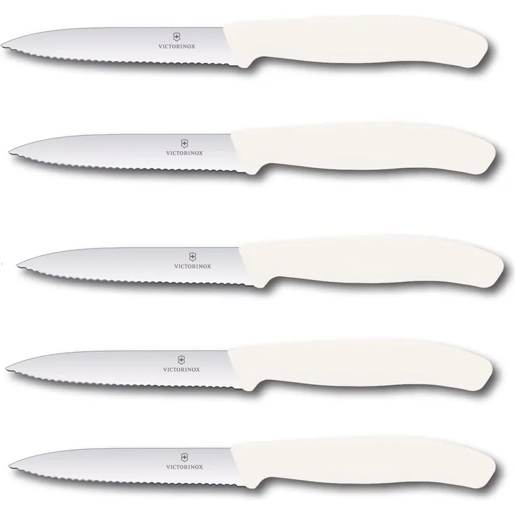 Victorinox | Swiss Classic Gemüsemesser Set | 10 cm Wellenschliff | perfekt für Tomaten | 5er Set | Weiß | ideal für präzises Schneiden und Schälen