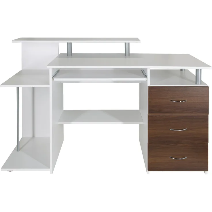 hjh 'Office' Schreibtisch mit Schubladen und Tastaturauszug, Weiß/ Walnuss, 89 x 137 x 60 cm