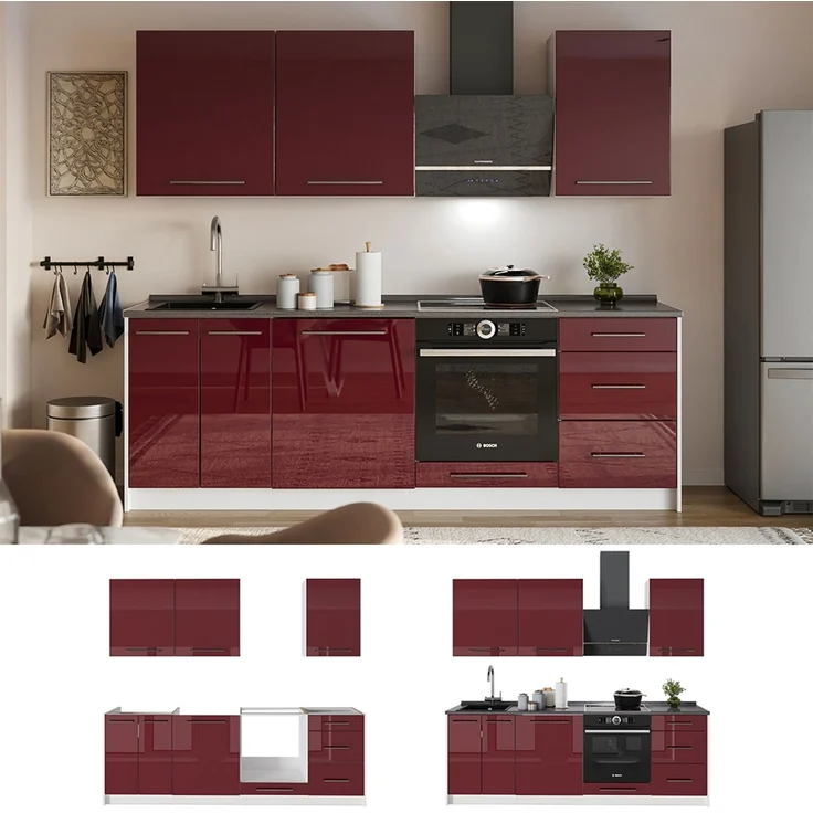 Küchenzeile Fame-Line Bordeaux Hochglanz/Weiß 230 cm, AP Eiche Vicco – Bild 4