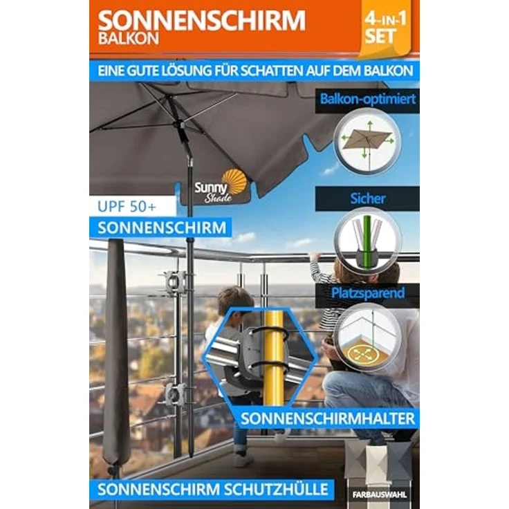 4smile Sonnenschirm Balkon SunnyShade, 200x125 cm, Taupe - UPF 50+ Sonnenschirm rechteckig als Sonnenschutz Balkon - SunnyEasy Balkon-Schirm mit 2 x Sonnenschirmhalter + Sonnenschirmhülle – Bild 2