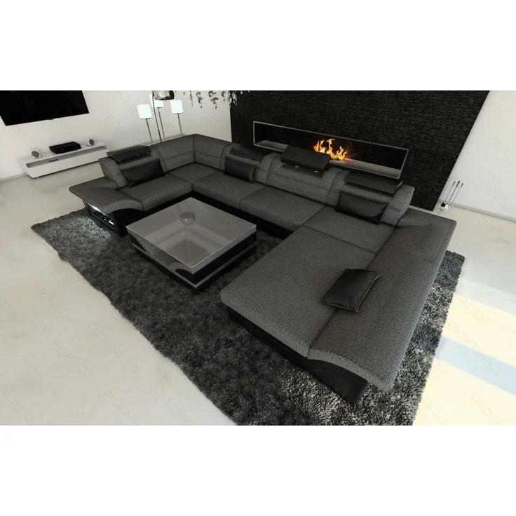Sofa Dreams - Stoff-Wohnlandschaft Enzo XXL LED U-Form - Strukturstoff - Schwarzgrau-Schwarz - Rechts – Bild 6