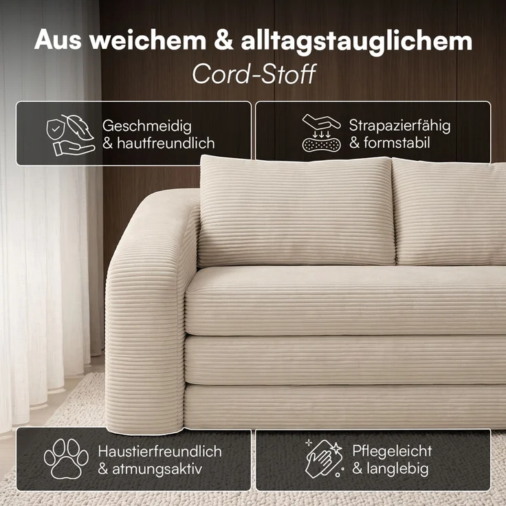 skølm 'Fjäll' Schlafsofa 2 Sitzer mit 2 Kissen, beige, Cordsofa ausklappbar, mit Liegefunktion, vakuumverpackt ohne Aufbau – Bild 7