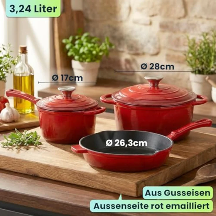Casativo Gusseisen Topf-Set, 3-teilig, rot, geeignet für alle Herdarten und Backofen, perfekte Wärmeverteilung – Bild 3