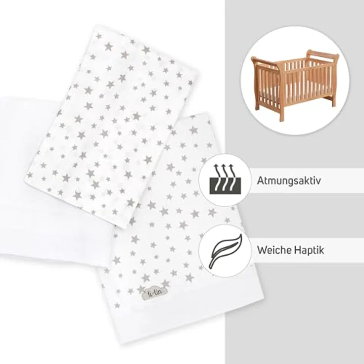 Ti TIN 3-teiliges Bett-Set Bettbezug für Babybett, 50x80 cm | Bettdeckenbezug+ Spannbettlaken mit Gummizug + Kissenbezug 100% Baumwoll-Popeline für Kinderbett, Sternchen-Motiv, grau – Bild 4