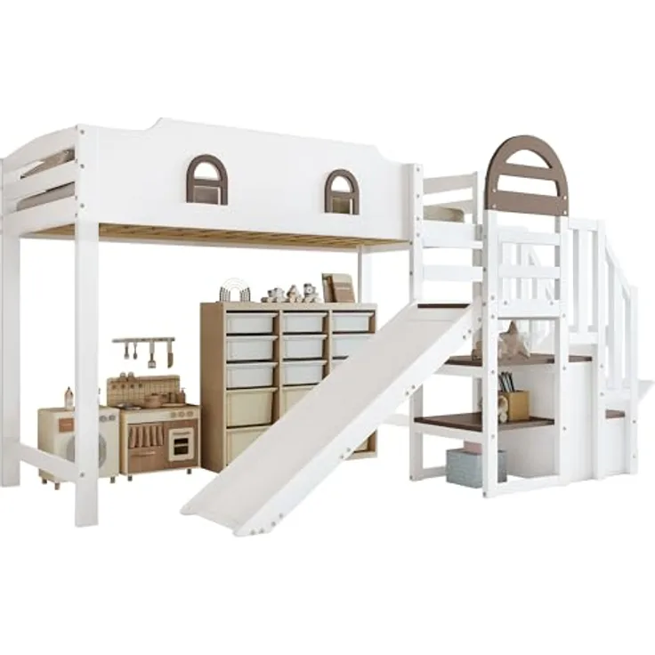 Odikalo Hochbett 90x200 Kinderbett mit Rutsche und Stauraum (Etagenbett, Kinderbett Mit Fenster, Mit Kinderrutsche, Treppen mit Handlauf, Mit 2 Schließfächer in der Treppe, Vielseitiges Design, Reichlich Stauraum, Kiefer+MDF, Weiß+Braun, 90x200cm)