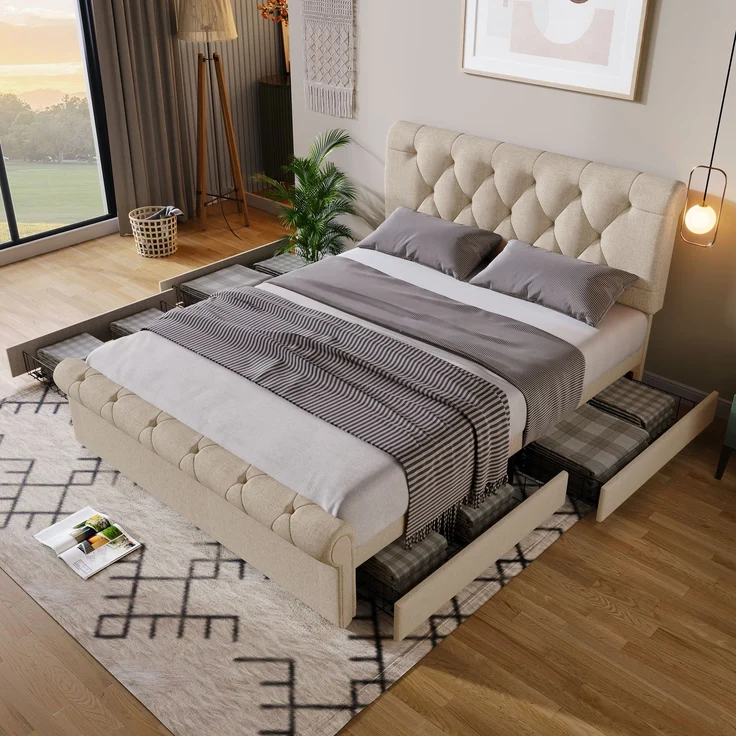 Polsterbett 140x200 cm mit 4 Schubladen, höhenverstellbarem Kopfteil im Scroll-Design, Leinenbett mit Stauraum,inklusive Matratze – Bild 4