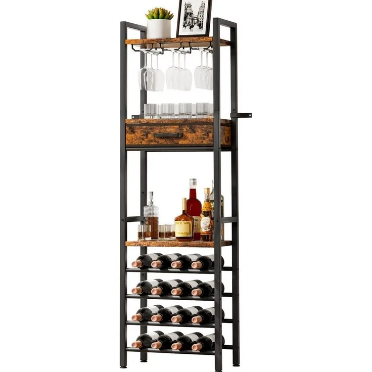 Yorbay Weinregal Vintage Design,Weinständer aus Holz& Metall für 16 Flaschen, 15 Gläser Weinregal mit Ablagefläche und Schublade, für Küche, Wohnzimmer oder als Geschenk – Bild 5