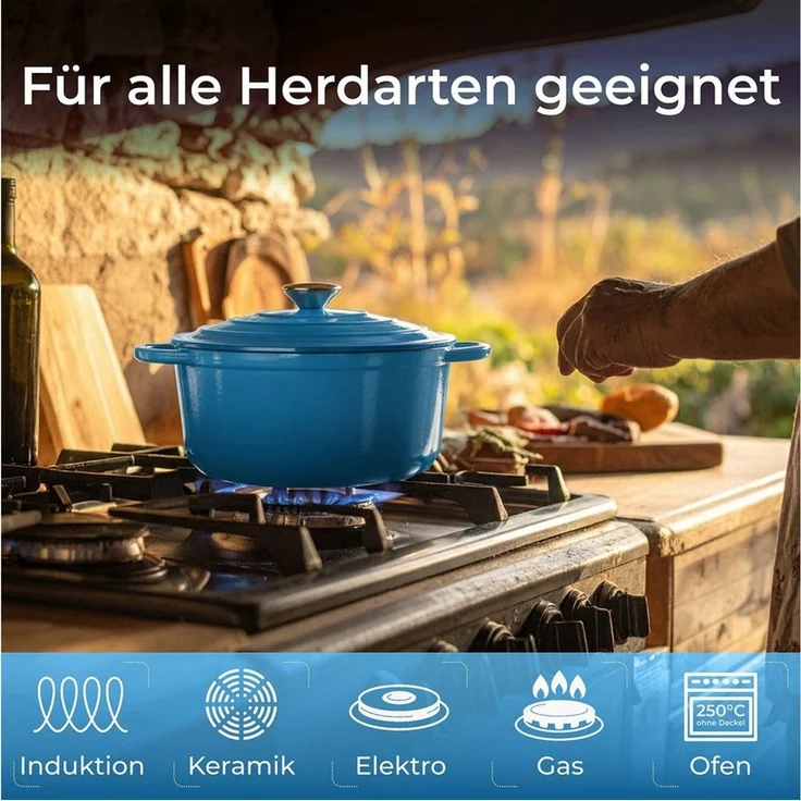 KLAMER Bräter Gusseisen Bräter 5 L, Gusseisen-Topf 25 cm backofengeeignet, Emaille …, Gusseisen, Exzellente Hitzeverteilung, Intensive Aromabildung, 5 Liter – Bild 2