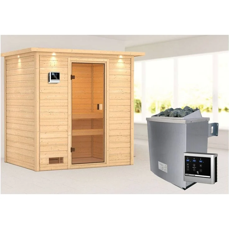 Karibu Sauna Selena mit Dachkranz + 9kW Saunaofen mit ext. Steuerung Easy – Bild 1