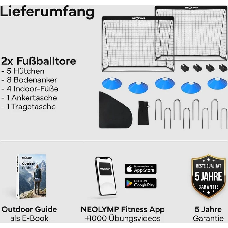 NEOLYMP Fußballtor Kinder Set – Faltbare Tore für Garten – Robuste 9 mm Fiberglas-Stangen (Ideal für Fußball-Training & Spiel Spaß - Fußball Trainingszubehör), Fußballtor mit Hütchen, Karabinern, Indoor-Füße & Tragetasche – Bild 2