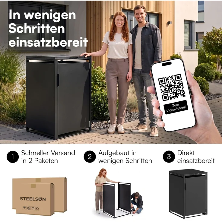 STEELSØN 'Thoria' Mülltonnenbox 1er je 240 Liter, graphitschwarz, Mülltonnenverkleidung aus Stahl, wetterfest, 116x80x69 cm, Müllbox für 1 Tonne – Bild 9