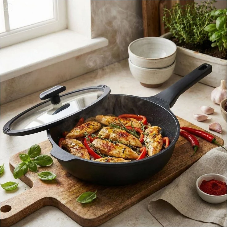 Mulex Schmorpfanne Schmorpfanne extra tief 28 cm inklusive Deckel, Aluguß (langlebige Antihaftbeschichtung, 2-tlg, extra dicker Thermoboden), Induktionsgeeignet – Bild 1