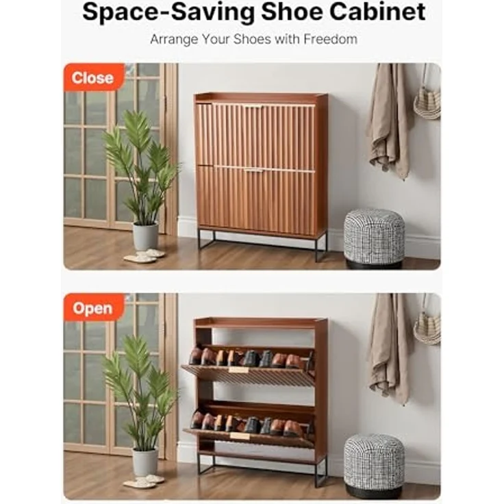 VEVOR Schuhschrank mit 2 Klappen, platzsparender Schuhkipper & Kippschutz, freistehender Schuhregal-Organizer für den Eingang Flur Wohnzimmer Veranda, Schuhregal 80 x 24 x 100 cm Braun – Bild 6