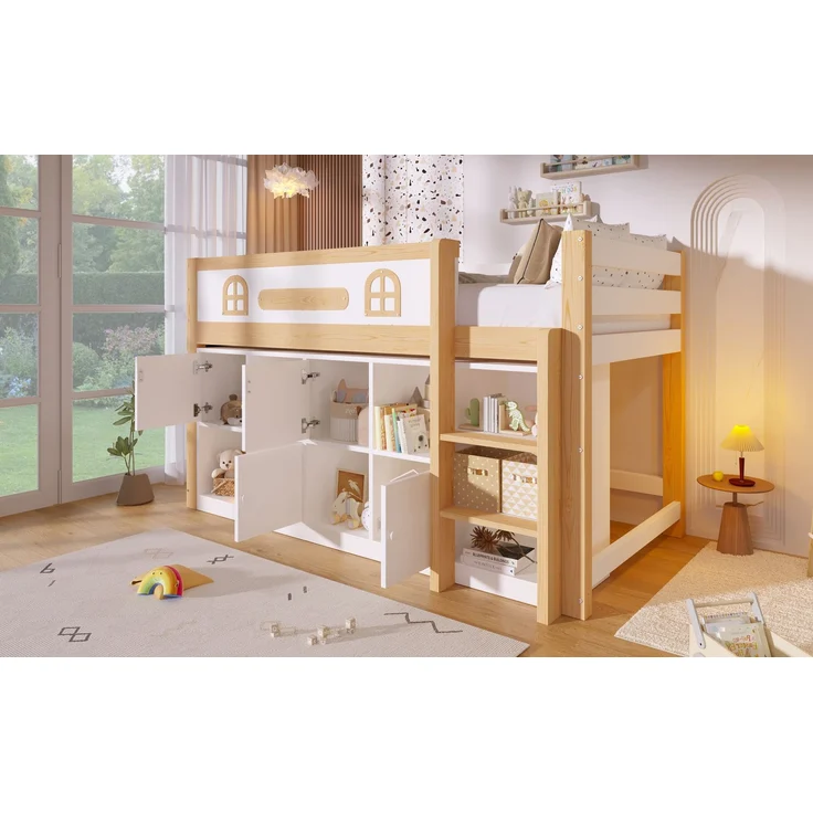 ZUBALIYA Halbhohes Bett, mit Ablagefächern und Leiter und Kreidetafel, Maße 90 x 200 cm, Weiß und Natur, Stockbett, fürs Schlafzimmer, Samt – Bild 18