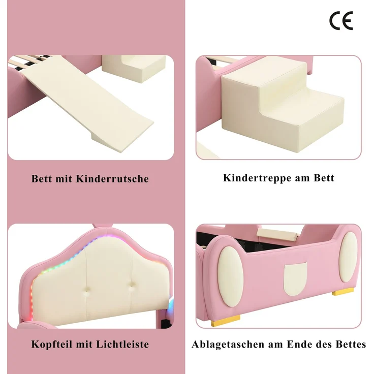 Merax Polsterbett 90x200cm, Crown Cartoon Bett, Mit Multi-Mode-LED-Streifen, Kinderbett mit kleiner Rutsche und Treppe, mit schützenden weichen Kanten, mit Holzlatten, PU, Rosa + Beige – Bild 8