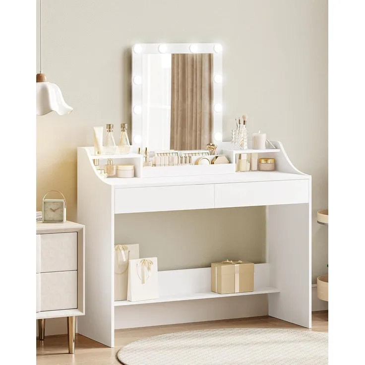 Schminktisch mit LED-Beleuchtung,108cm, Einstellbare Helligkeit, Schminktisch mit Spiegel, mit 2 Schubladen und 3 Offenen Fächern, Modern, Weiß