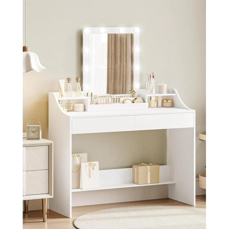 Schminktisch mit LED-Beleuchtung,108cm, Einstellbare Helligkeit, Schminktisch mit Spiegel, mit 2 Schubladen und 3 Offenen Fächern, Modern, Weiß