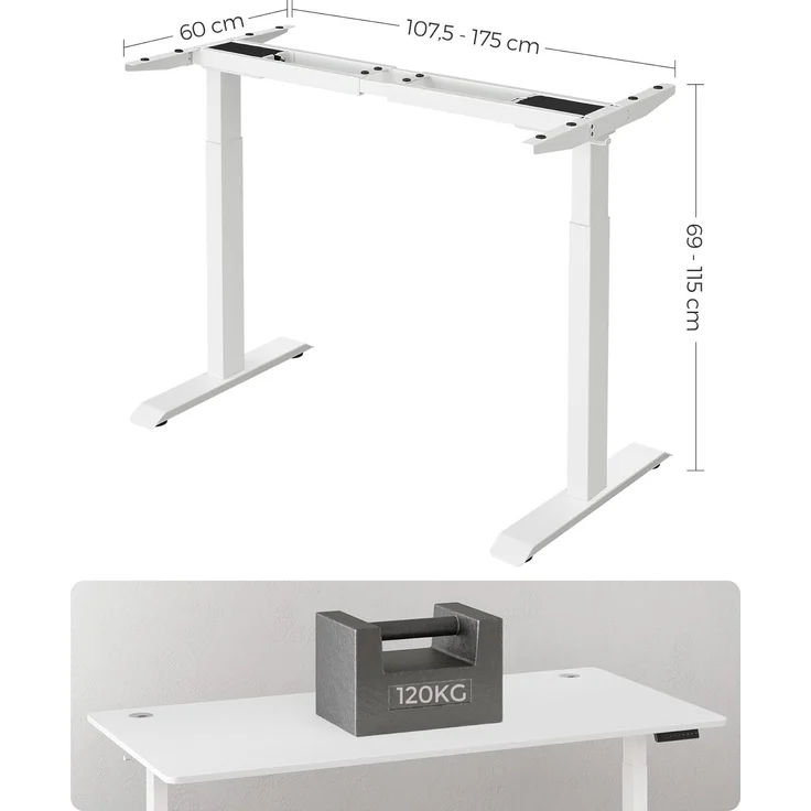 Höhenverstellbarer Schreibtisch elektrisch, Schreibtischständer, Doppelmotor, mit Haken, stufenlos verstellbar, Memoryfunktion, Stahl, weiß LSD019W01 – Bild 3
