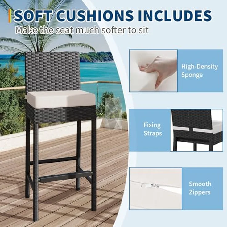 GarveeHome 2er Set Rattan-Hochstühle Mit Metallrahmen, Gepolsterte Outdoor-Barhocker Mit Rückenlehne Und Fußstütze, Wetterfester Stuhl, Für Terrasse Und Strand, 40,6 x 45 x 103,4 cm – Bild 6
