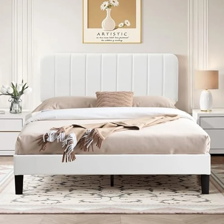 VECELO Polsterbett 140 x 200 cm Doppelbett, Höhenverstellbarem Kopfteil, Massivem Holzlattenrost, Samtstoff und Einfache Montage, für Schlafzimmer und Gästezimmer, Weiß – Bild 1