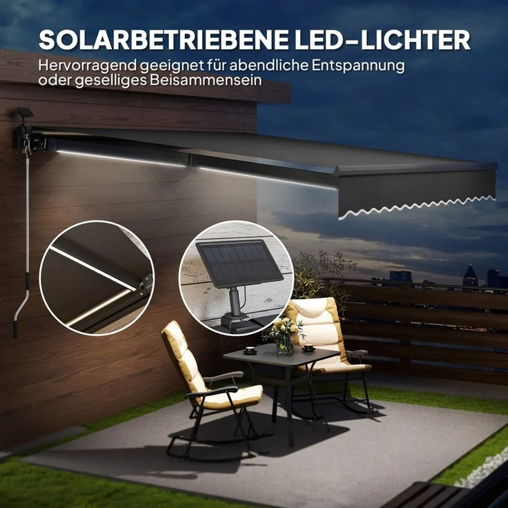 Outsunny Markise mit Handkurbel Solar-Lichte,Wandhalterung, UV 50+ (Klemmmarkise, 1-St, Gelenkarmmarkise) 400 cm breit für Terrasse Balkon Veranda, Grau – Bild 3