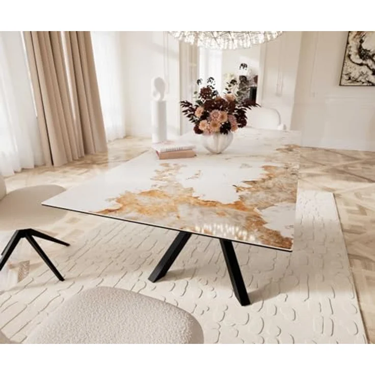 Esstisch Edge 180-220x100 Keramik Minas Melange Weiß-Beige Kreuzgestell Rechteck Schwarz ausziehbar – Bild 9