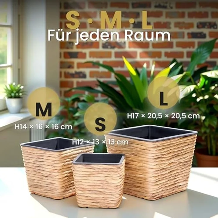 INtrenDU Blumentopf Seegras Eckig 3er Set mit Innentopf (Schwarz – Pflanzkorb Geflochten Uebertopf Boho Deko, Pflanztopf Quadratisch 3 Groessen fuer Zimmerpflanzen) – Bild 4