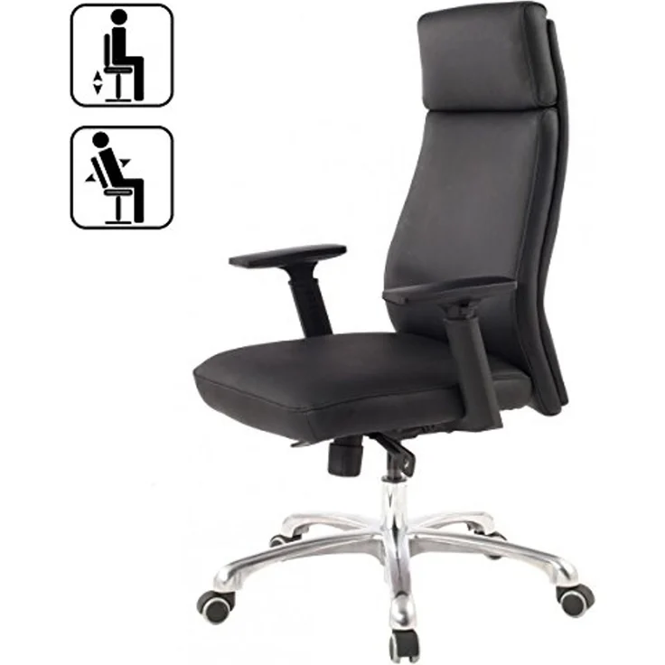 Bürostuhl PORTO Echt-Leder Schwarz ergonomisch mit Kopfstütze, Design Chefsessel Schreibtischstuhl ergonomisch mit Wippfunktion, Drehstuhl mit Armlehnen X-XL 120 kg – Bild 4