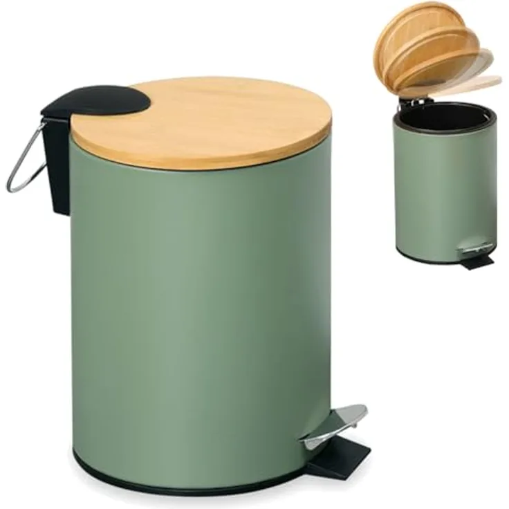 LS-LebenStil Tretmülleimer 3L, Rund in Matt Grün mit Softclose Holz Deckel, Fußpedal Kosmetikeimer für Bad und Küche