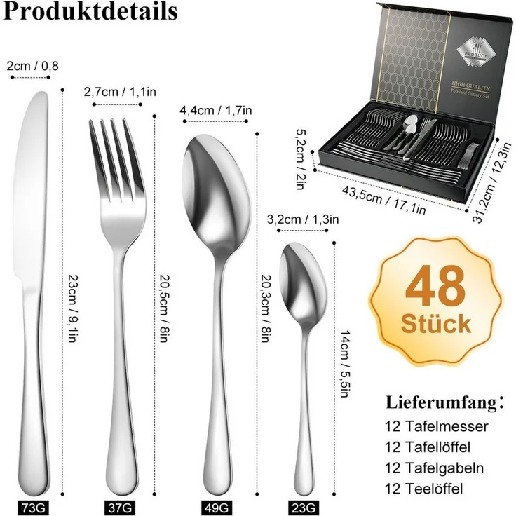 Simloveve Besteck-Set 48 teilig Besteck Set für 12 Personen, Besteckset mit Gehämmert Griff, Edelstahl, Essbesteck Set inkl Messer, Gabel, Löffel, Spülmaschinenfest, Rostfrei – Bild 3