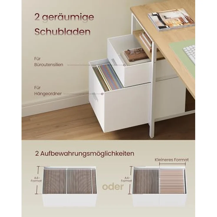 VASAGLE Computertisch, Bürotisch, Schreibtisch, mit 3 Ablagen, 2 Schubladen, 160 x 60 x 76 cm, fürs Büro, Wohnzimmer, moderner Stil, natureichenfarben-wolkenweiß LWD105YD01 – Bild 5