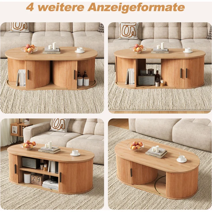 Couchtisch 100 x 50 x 33 cm, mit ovaler Tischplatte, mit verdeckt liegendem Stauraum, aus MDF und Spanplatte, Naturfarben – Bild 7